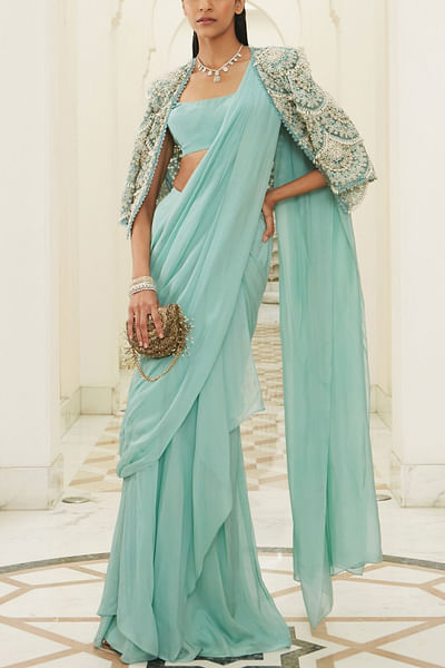Teal pre-draped sari set