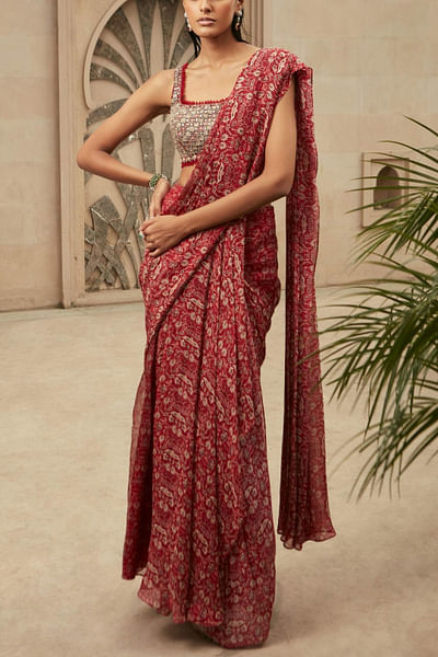 Red printed chiffon sari set