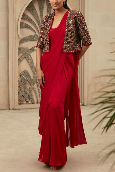 Red pre-draped sari set