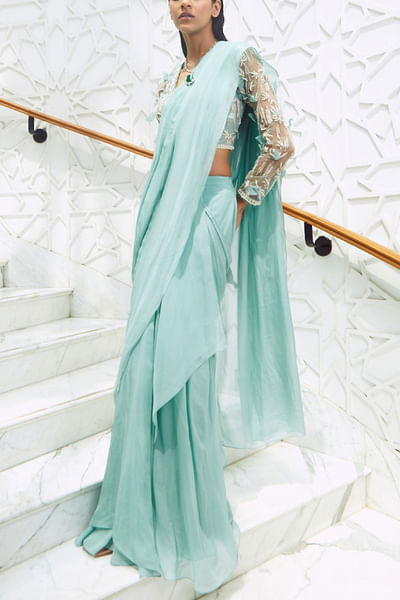Teal pre-draped chiffon sari set