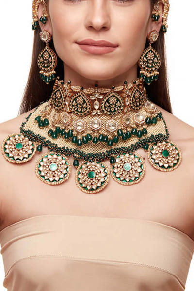 Green meenakari pearl and jaal bridal set