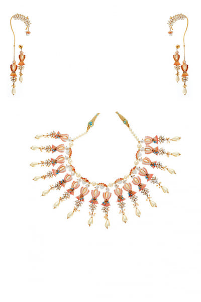Peach meenakari and pearl necklace set