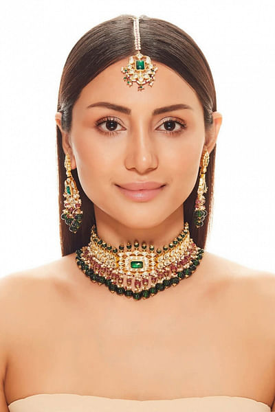 Emerald and ruby polki necklace set