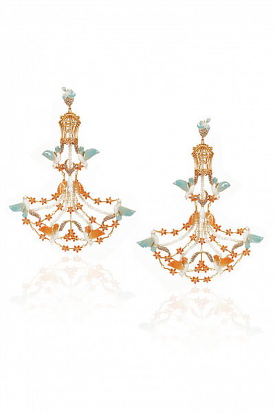 Peach and blue meenakari chandelier earrings
