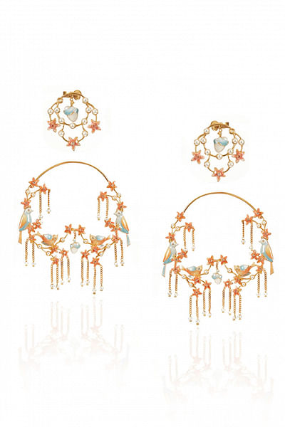 Peach and blue meenakari chandelier earrings