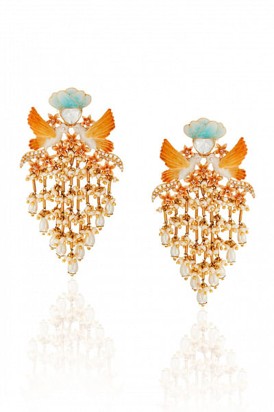Peach and blue meenakari tassel earrings