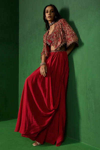 Red embroidered jacket skirt set