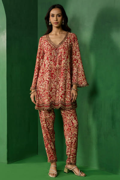 Red embroidered co-ord set