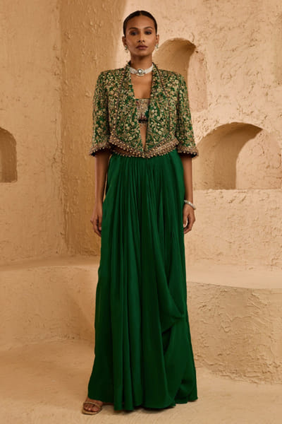 Green embroidered jacket draped skirt set