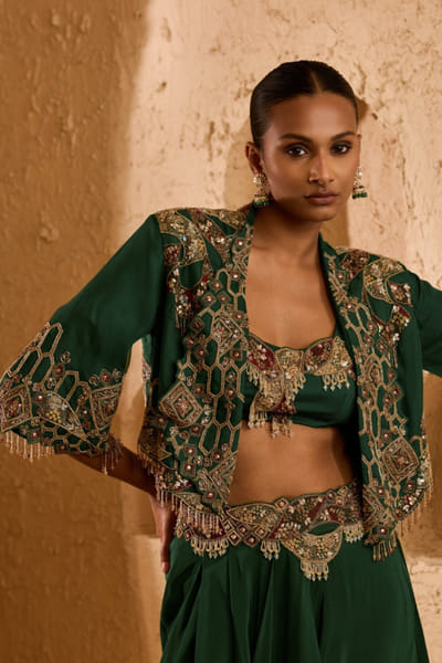 Green embellished draped skirt set