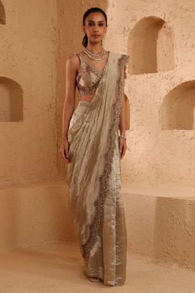 Silver embroidered sari set