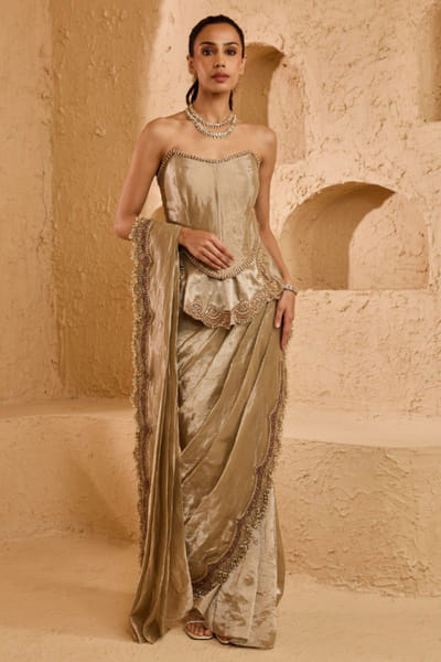 Silver embroidered corset sari set