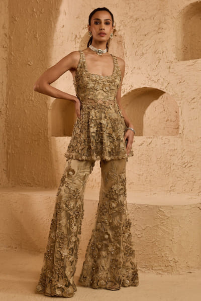 Beige 3D floral embroidered peplum set