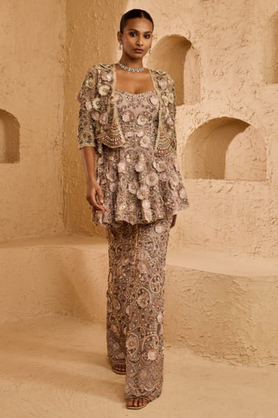 Beige 3D floral embroidered peplum cape set