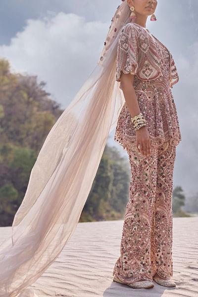 Ivory floral embroidered peplum and cape set