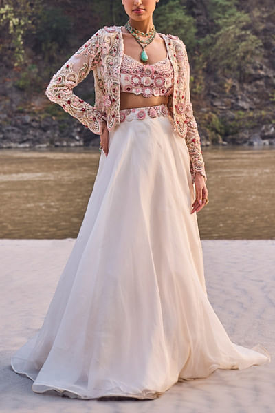 Ivory paisley embroidered jacket lehenga set