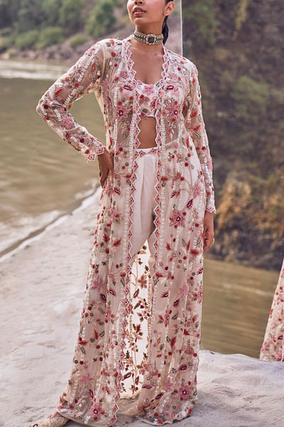 Ivory floral embroidered jacket set