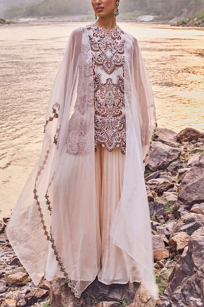 Ivory paisley embroidered cape kurta and sharara