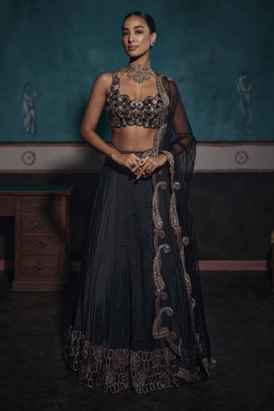 Black embroidered lehenga set