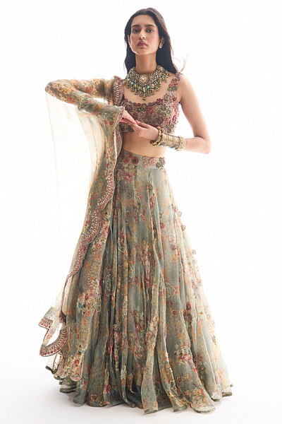 Grey floral print embroidered lehenga set