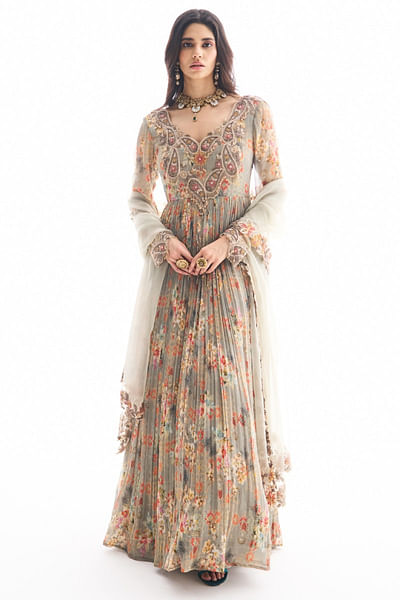 Grey floral print embroidered anarkali set