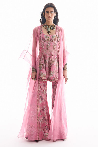 Pink floral print embroidered sharara set
