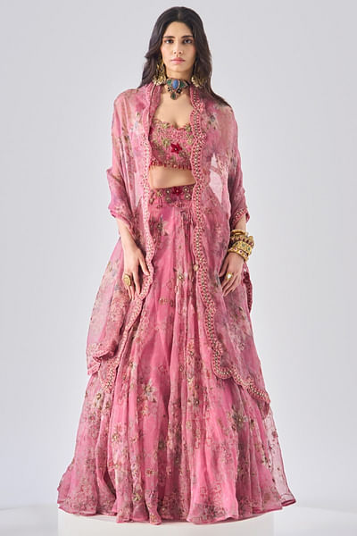 Pink floral print embroidered lehenga set
