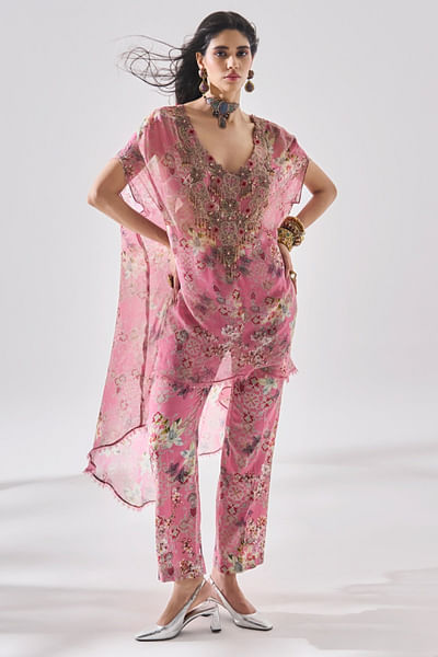 Pink floral print embroidered co-ord set
