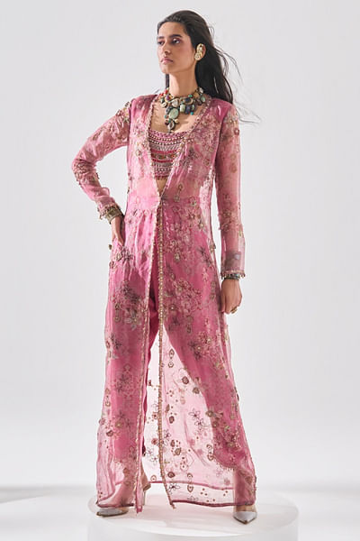 Pink floral embroidered jacket and dhoti set