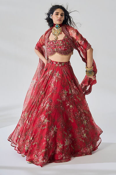 Red floral print embroidered lehenga set