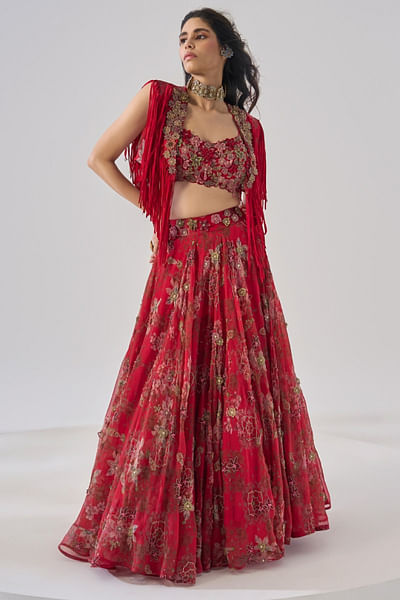 Red print embroidered jacket and lehenga set