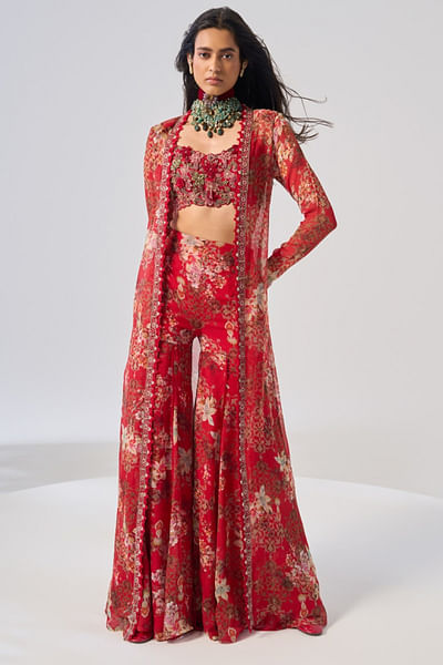 Red floral print embroidery jacket sharara set