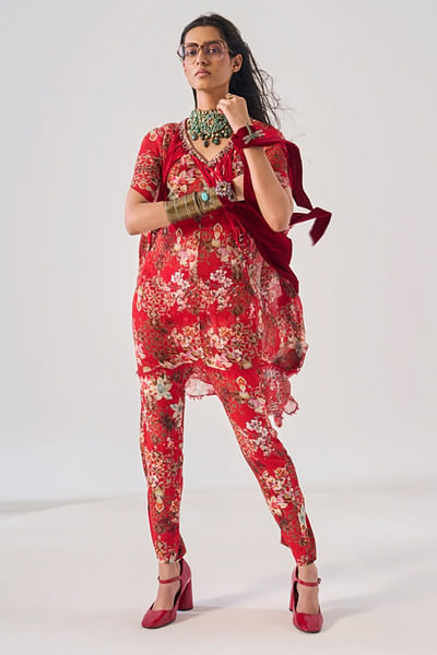 Red floral printed and fringed co-ord set