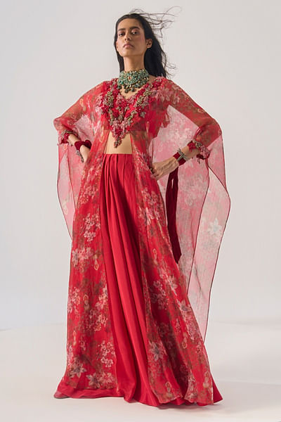 Red floral print embellished cape set