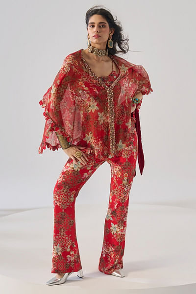 Red floral print embellished co-ord set
