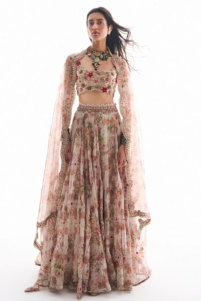 Off-white floral print embroidery lehenga set