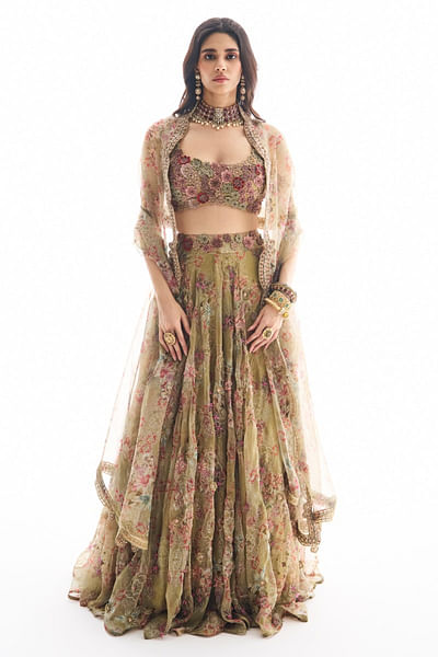 Mint floral print embroidered lehenga set