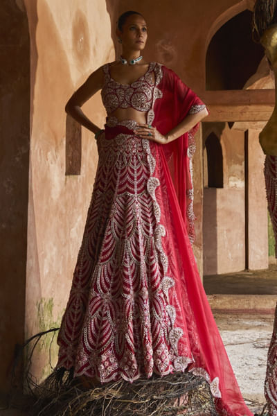 Red thread and bead embellished lehenga set
