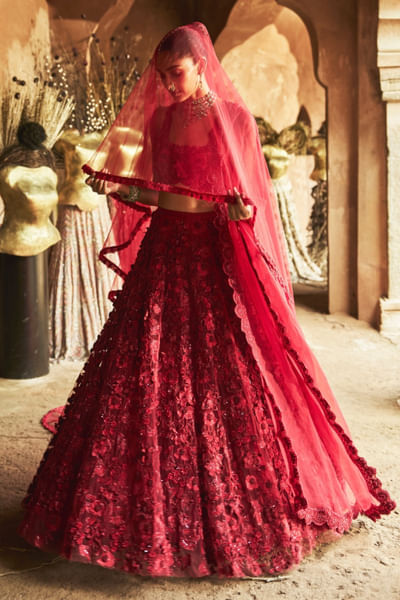 Red 3D floral embroidered lehenga set