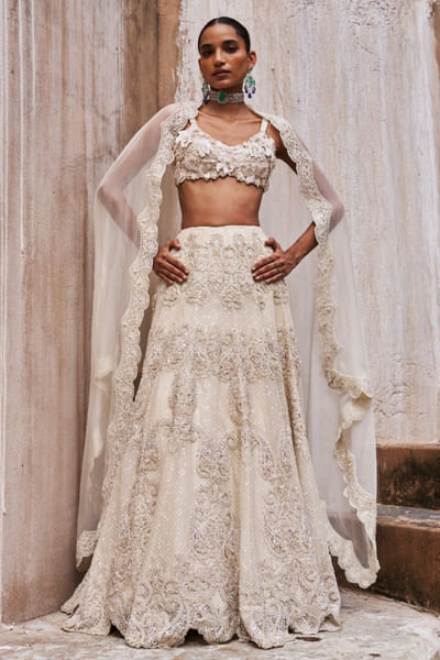 Ivory floral appliqué embroidered lehenga set