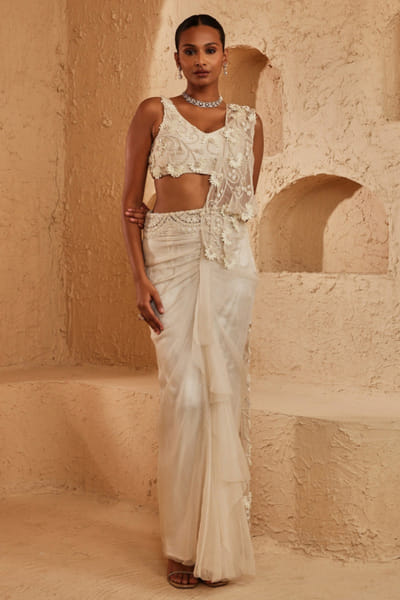 Ivory embroidered drape skirt set