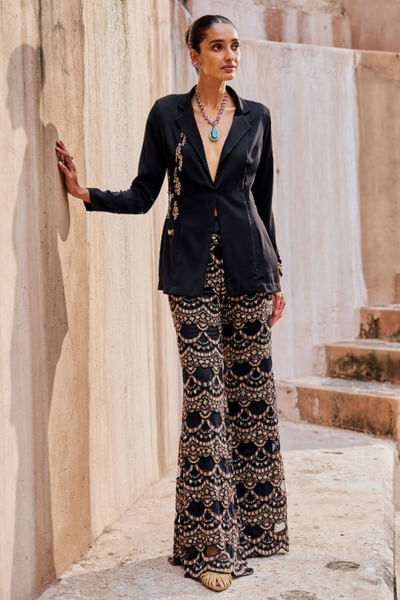 Black hand embroidered blazer and pant set