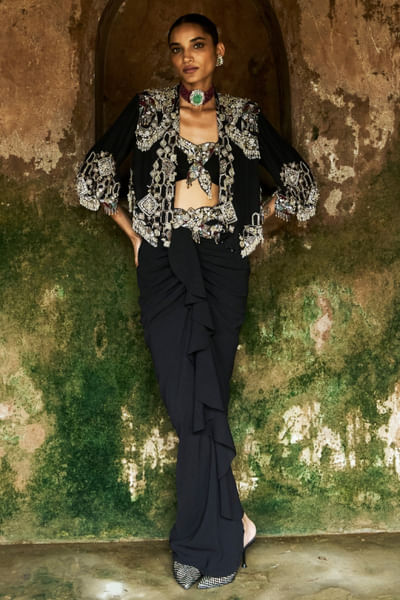 Black embellished jacket and drape skirt set