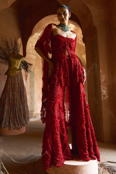 Red 3D embroidered tube peplum and pant set