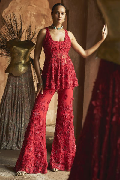 Red 3D floral hand embroidered peplum pant set
