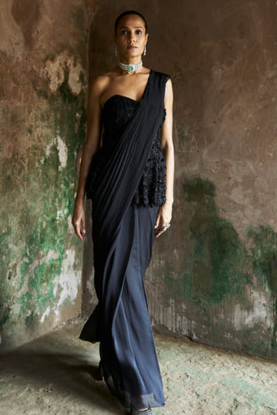 Black embellished corset pre-draped sari set