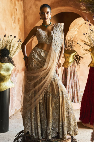 Gold hand embroidered lehenga set