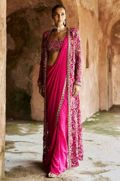 Fuchsia 3D embroidered jacket and sari set