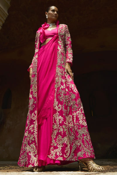 Fuchsia embroidered jacket and ruffle sari set