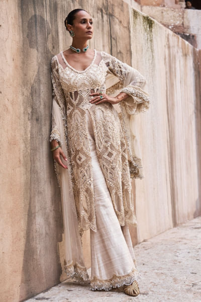 Ivory hand embroidered kurta set